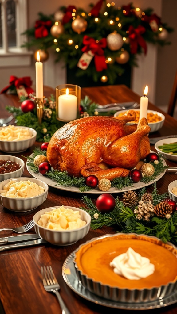 Festive Christmas Dinner Ideas A festive Christmas dinner table with roasted turkey, mashed potatoes, green beans, cranberry sauce, and pumpkin pie.